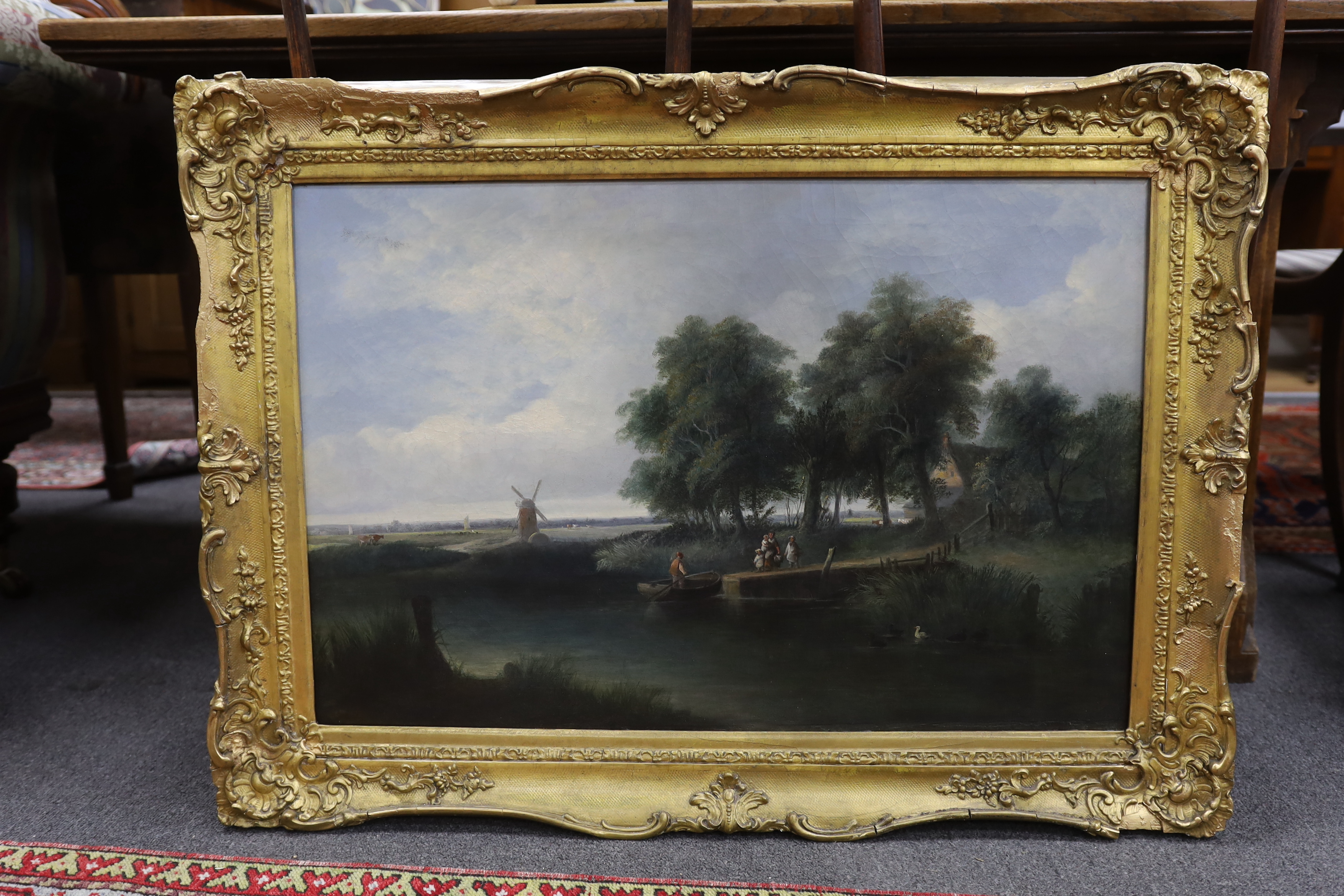 Samuel David Colkett (1806-1863), oil on canvas, Reedham Ferry, ornate gilt framed, 75cm x 50cm